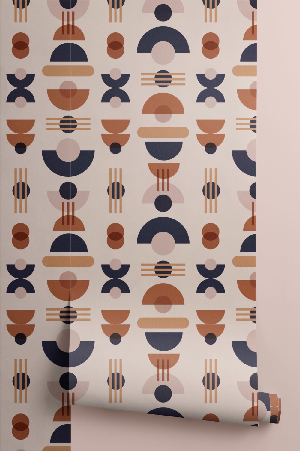Papel de parede com padrão geométrico de repetição neutro e marinho do meio do século moderno