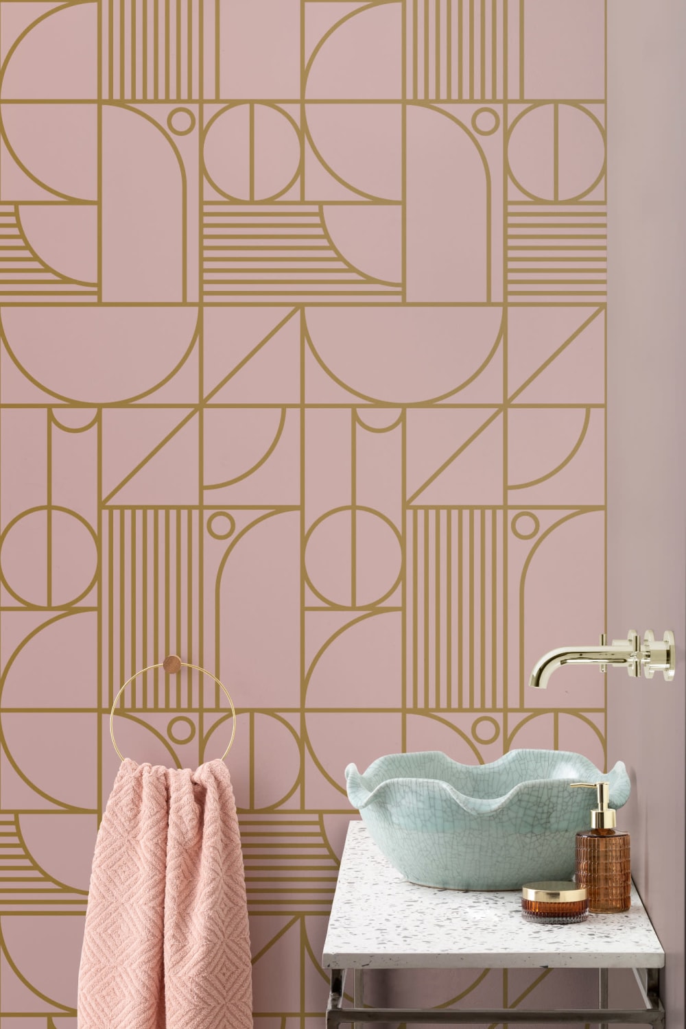 Roz și auriu Geometric Grid Lines Repeat Pattern Wallpaper