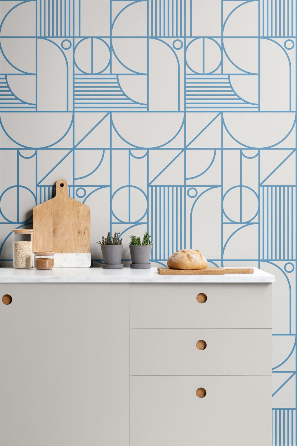 Blue and White Geometric Grid Lines Repeat Pattern Wallpaper