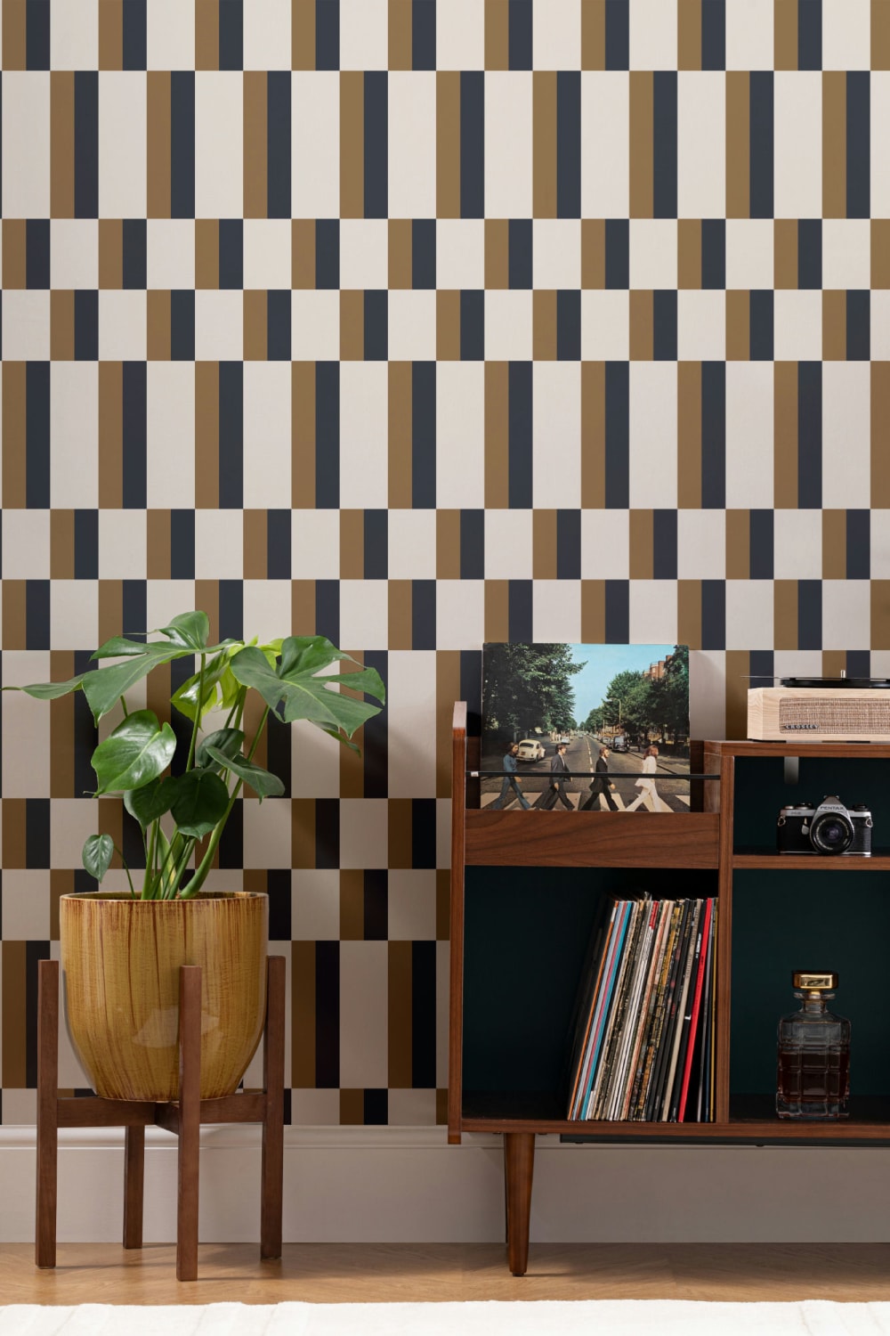 Muștar și albastru Bauhaus Geometric Retro Repeat Pattern Wallpaper