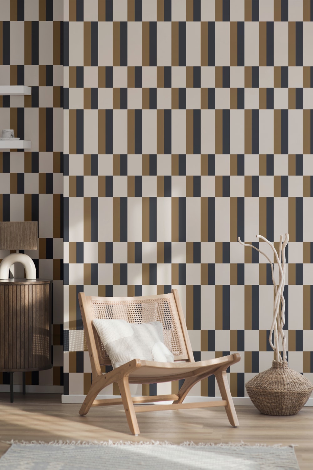 Muștar și albastru Bauhaus Geometric Retro Repeat Pattern Wallpaper