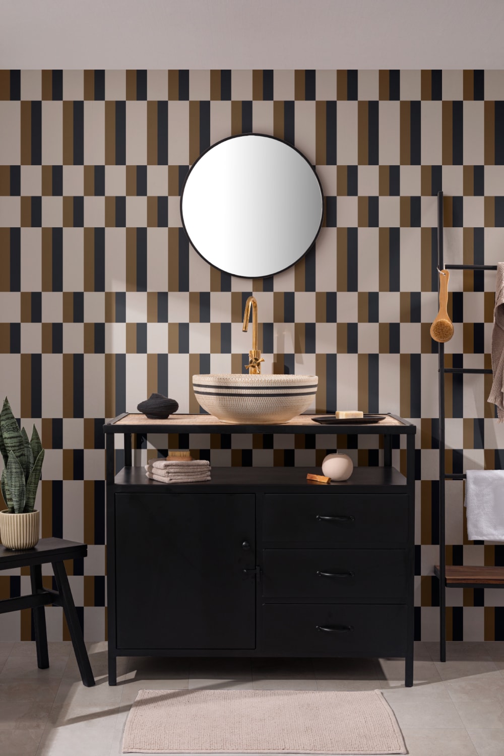 Muștar și albastru Bauhaus Geometric Retro Repeat Pattern Wallpaper