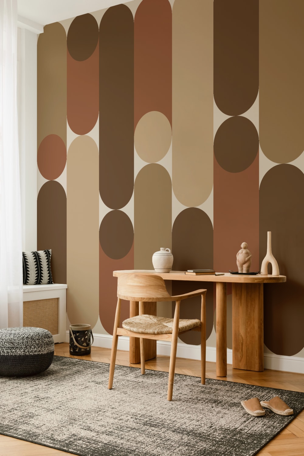 Warm Geometric Mid-Century Modern Brown Capsule Mural