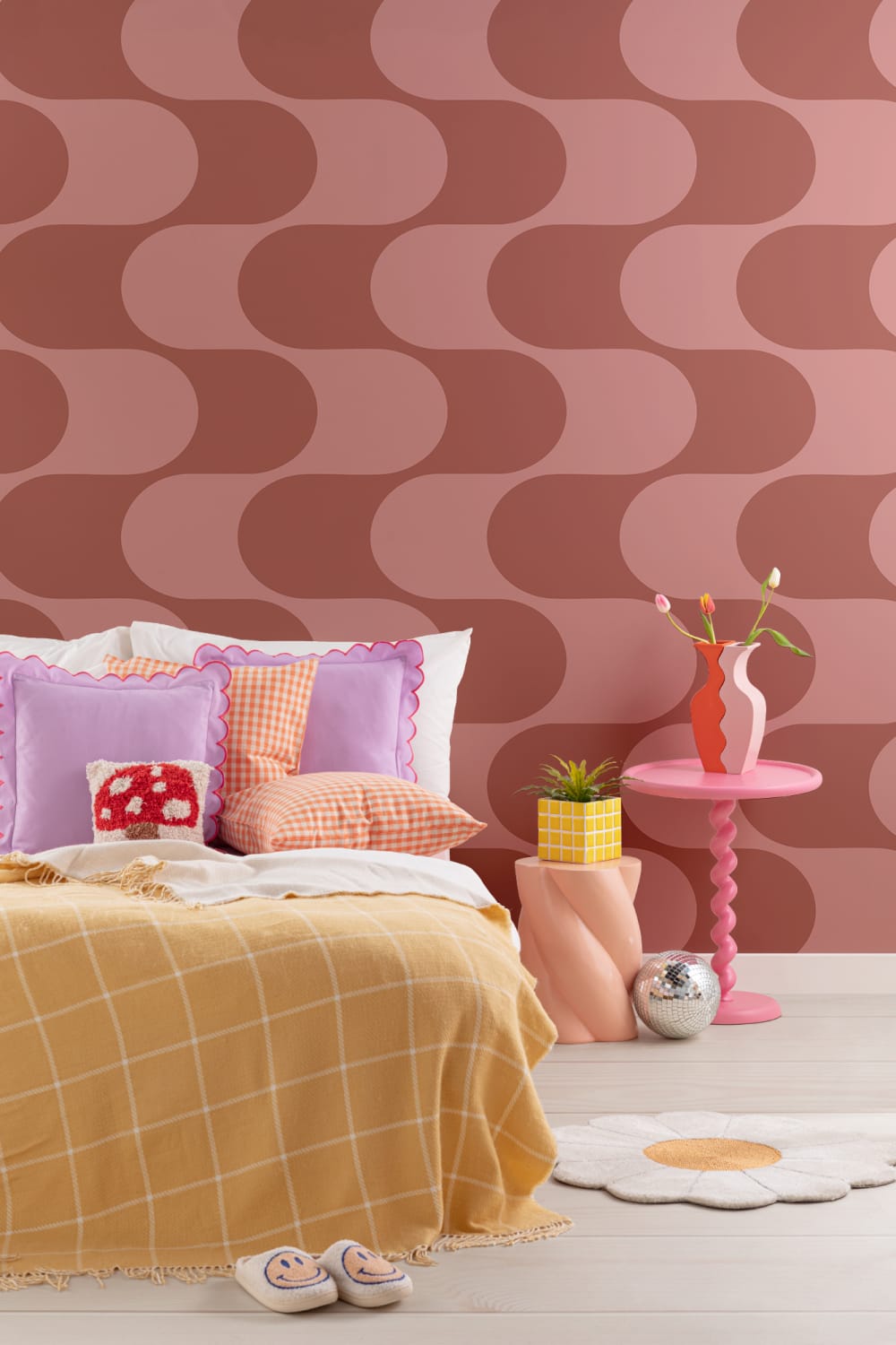 Röd och rosa retro geometriskt mönster mural-tapeter