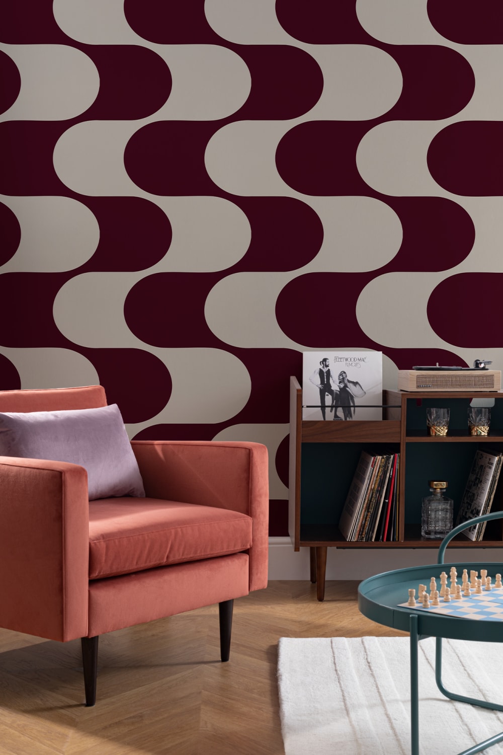 Papier peint panoramique géométrique à motifs de vagues, de couleur bourgogne