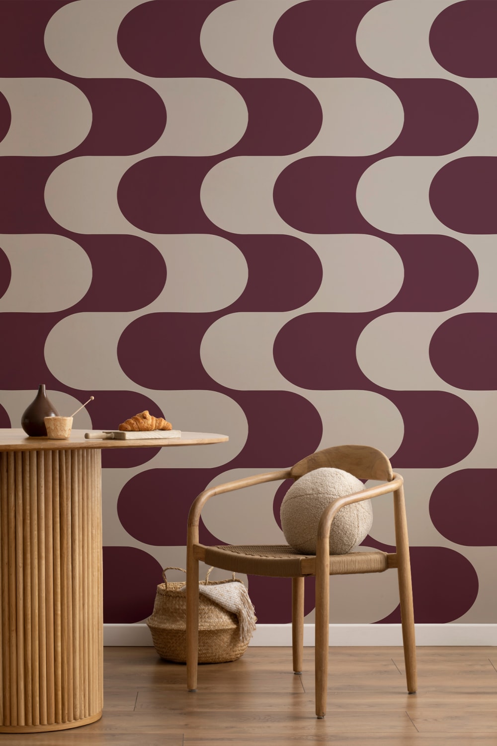 Papier peint panoramique géométrique à motifs de vagues, de couleur bourgogne