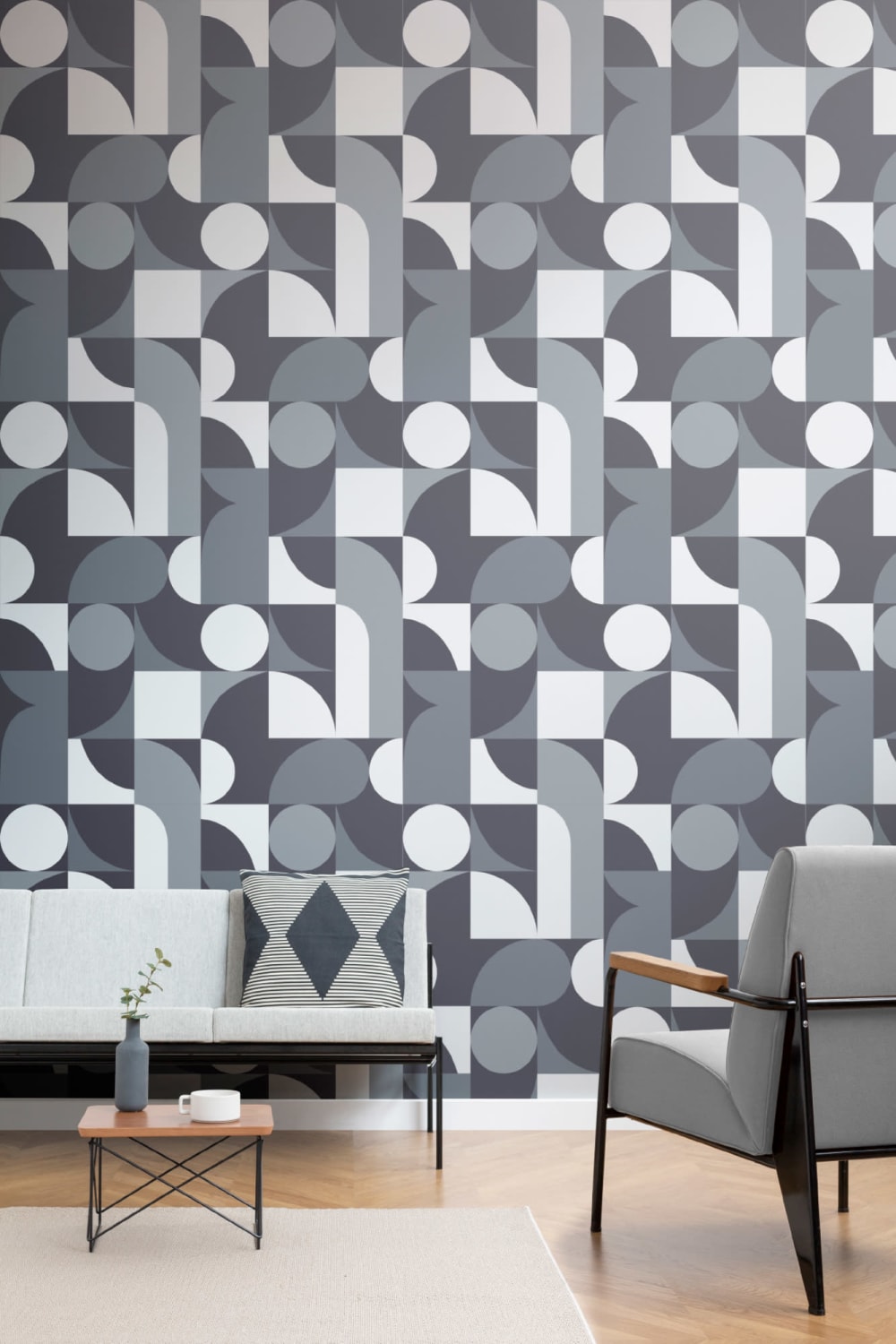 Blue Mid-Century Geometric Collage Wall Mural