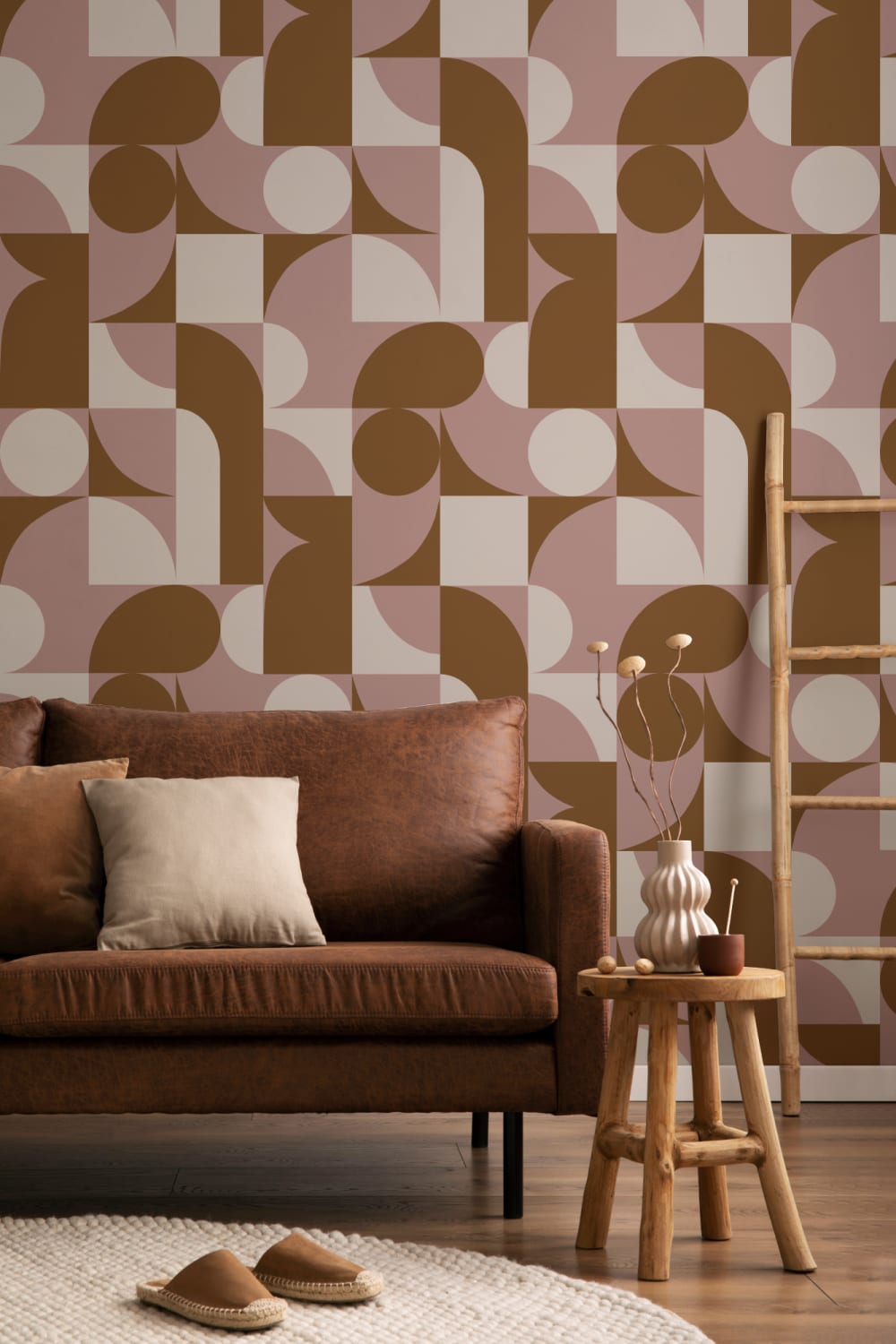 Brown Mid-Century Geometric Collage Wall Mural