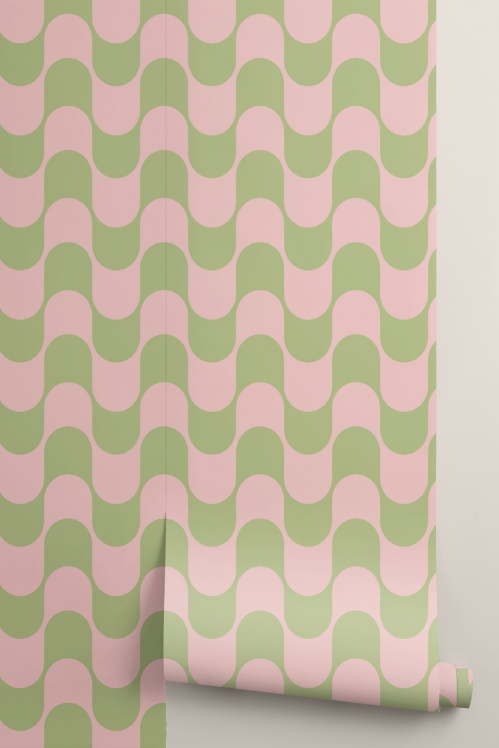 Pink & Green Retro Wavy Striped Wallpaper