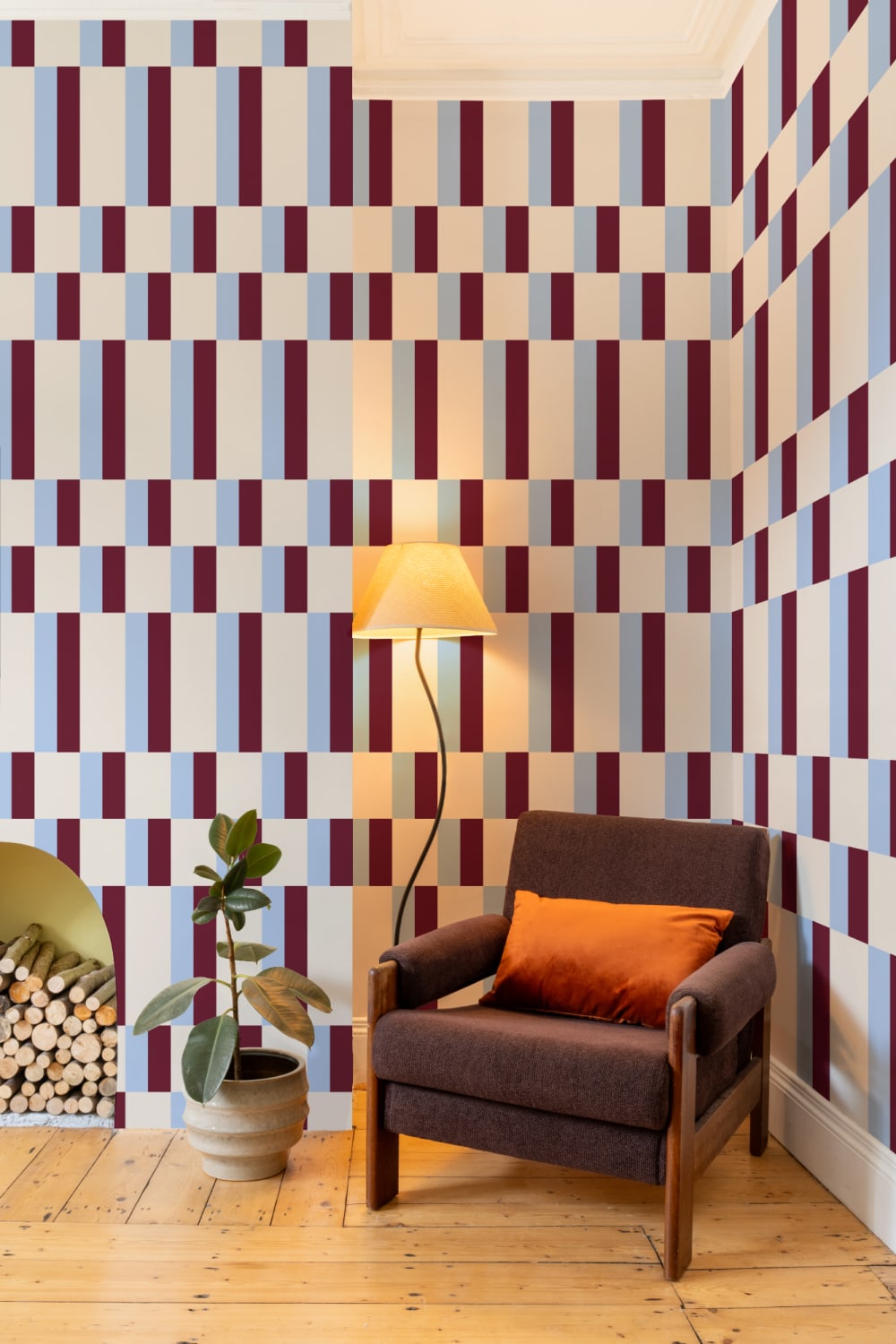 Blue & Burgundy Modern Geometric Bauhaus Wallpaper