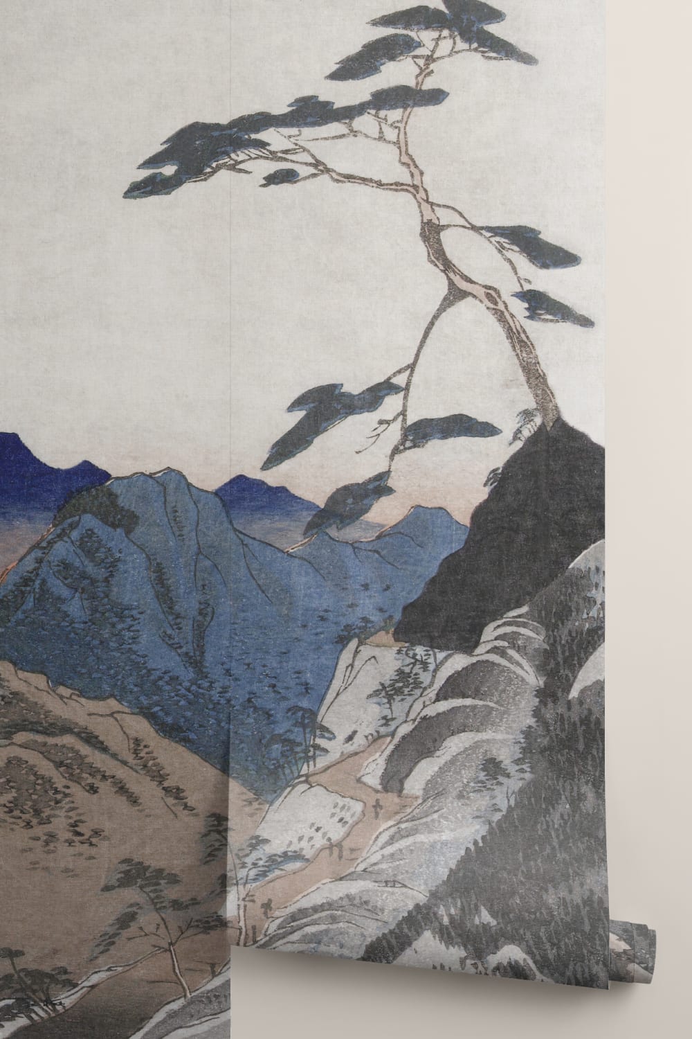 Beige And Blue Japanese Landscape Mountain Art Mural