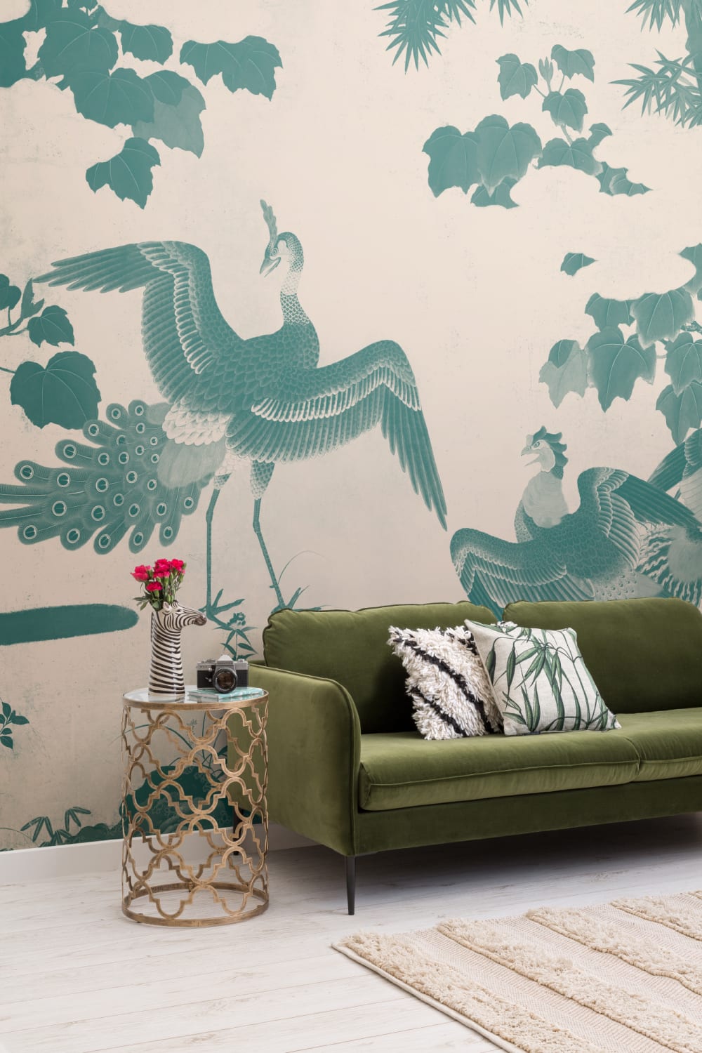 Teal Illustrated Japanese Peacock Mural