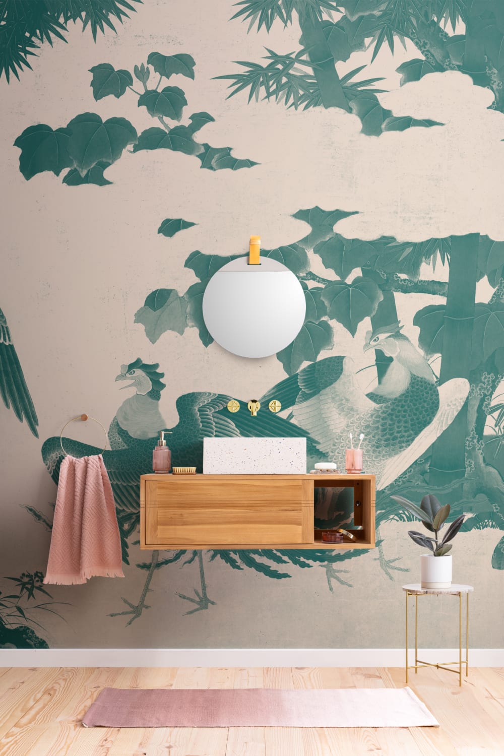 Teal Illustrated Japanese Peacock Mural
