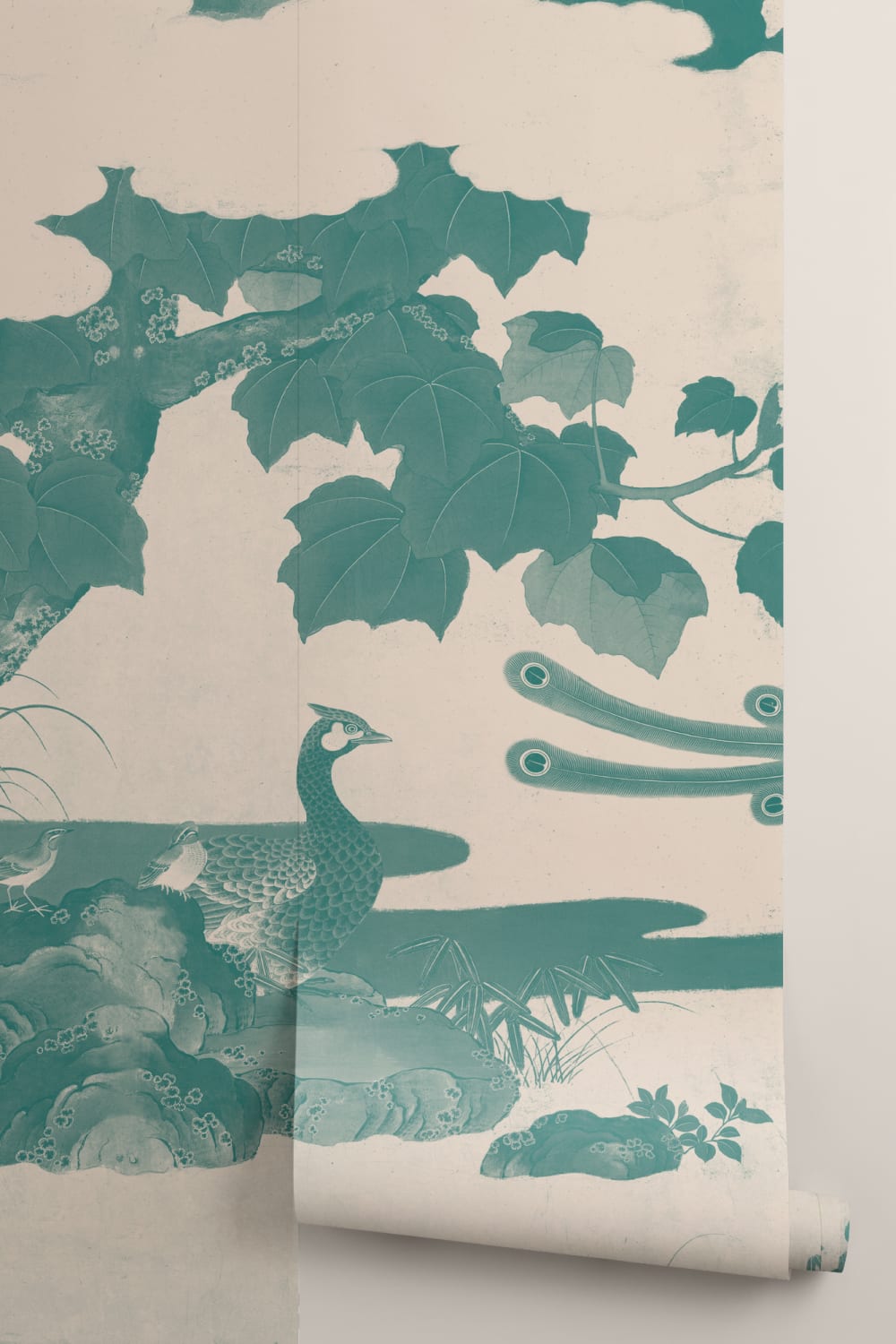 Teal Illustrated Japanese Peacock Mural