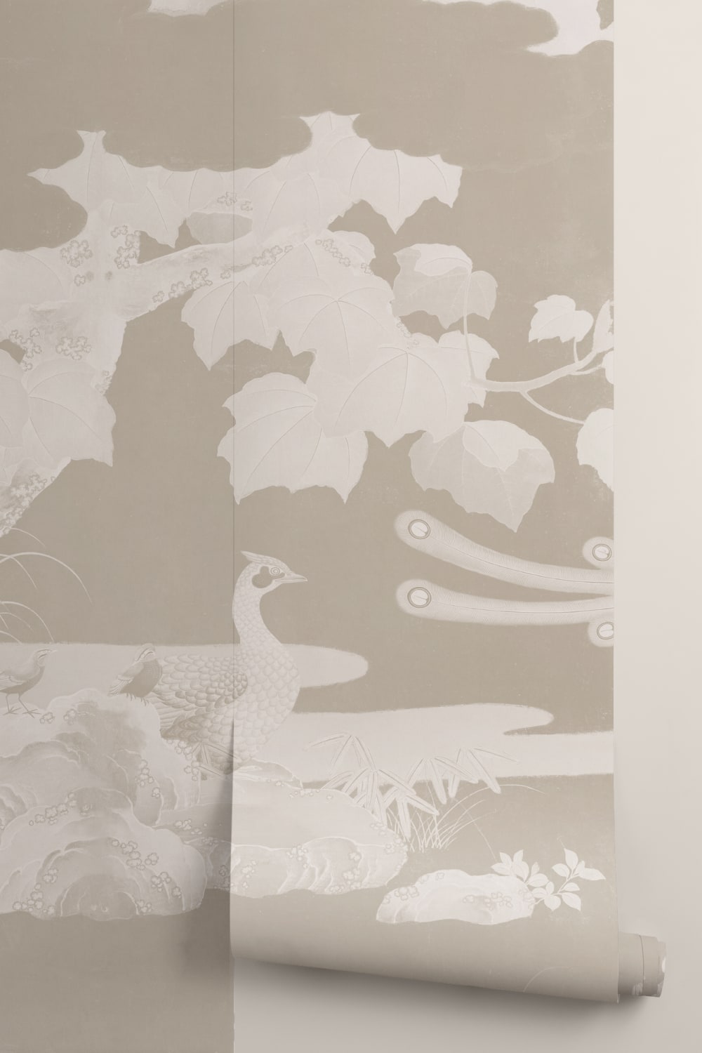 Beige Illustrated Japanese Peacock Mural