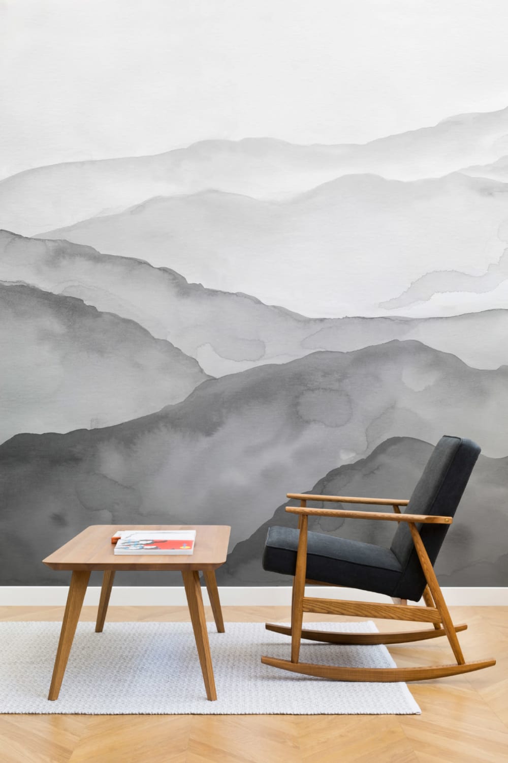 Grey Watercolour Peaceful Mountain Wallpaper Mural