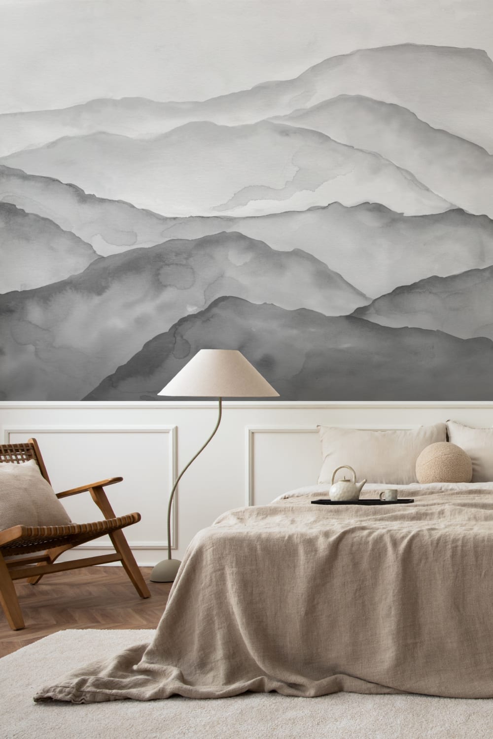 Grey Watercolour Peaceful Mountain Wallpaper Mural