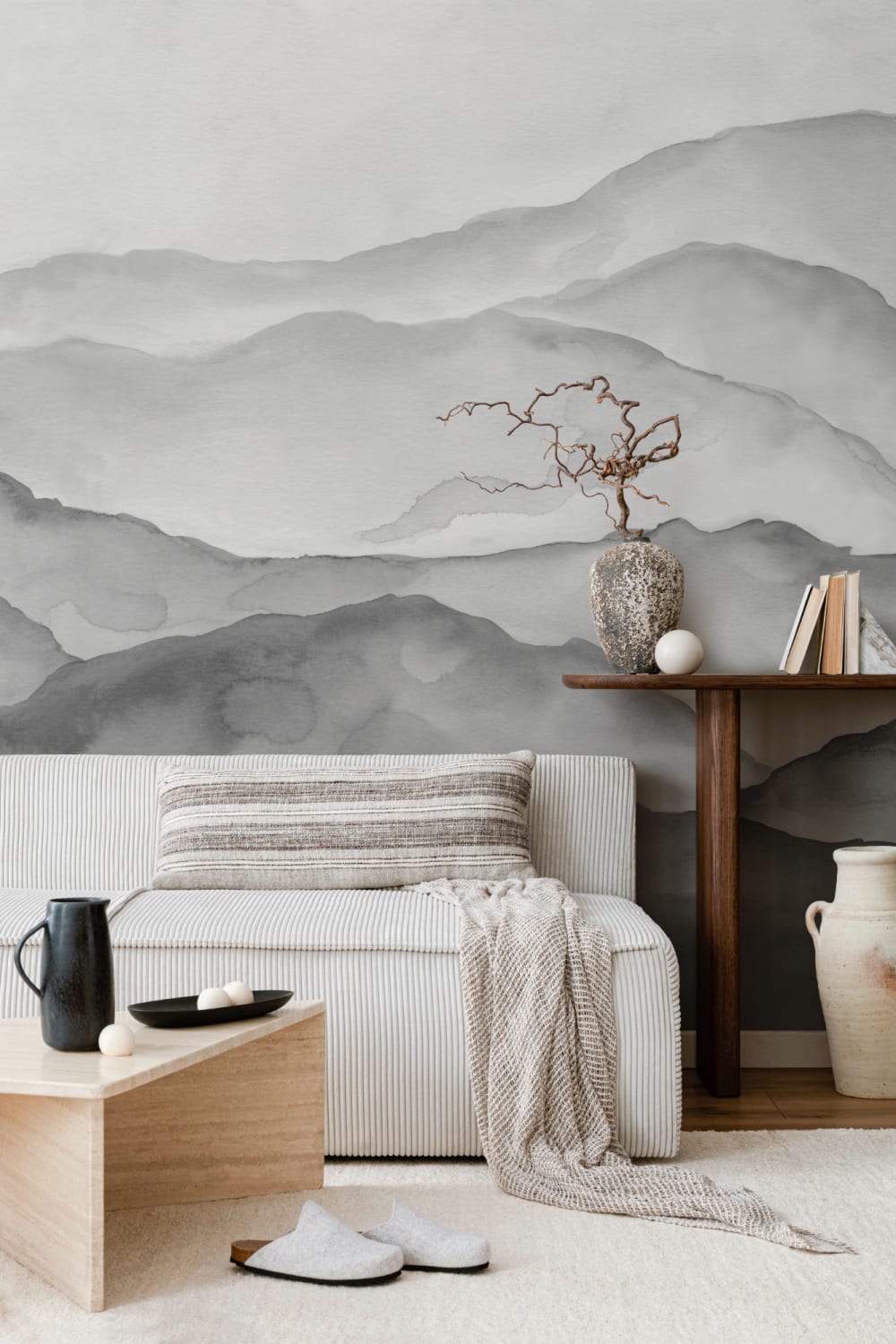 Grey Watercolour Peaceful Mountain Wallpaper Mural
