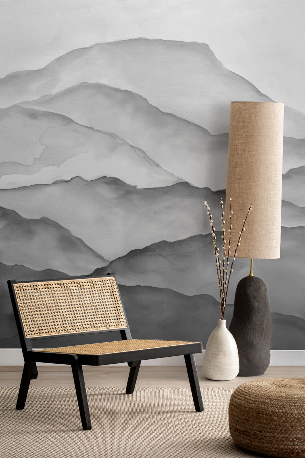 Grey Watercolour Peaceful Mountain Wallpaper Mural