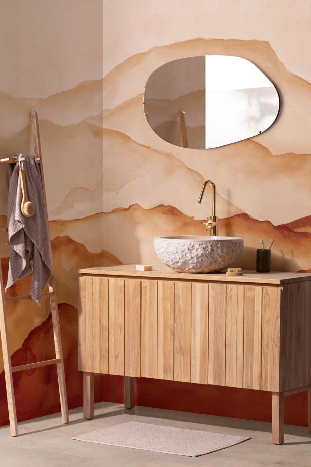 Orange Watercolor Peaceful Mountain Wallpaper Mural