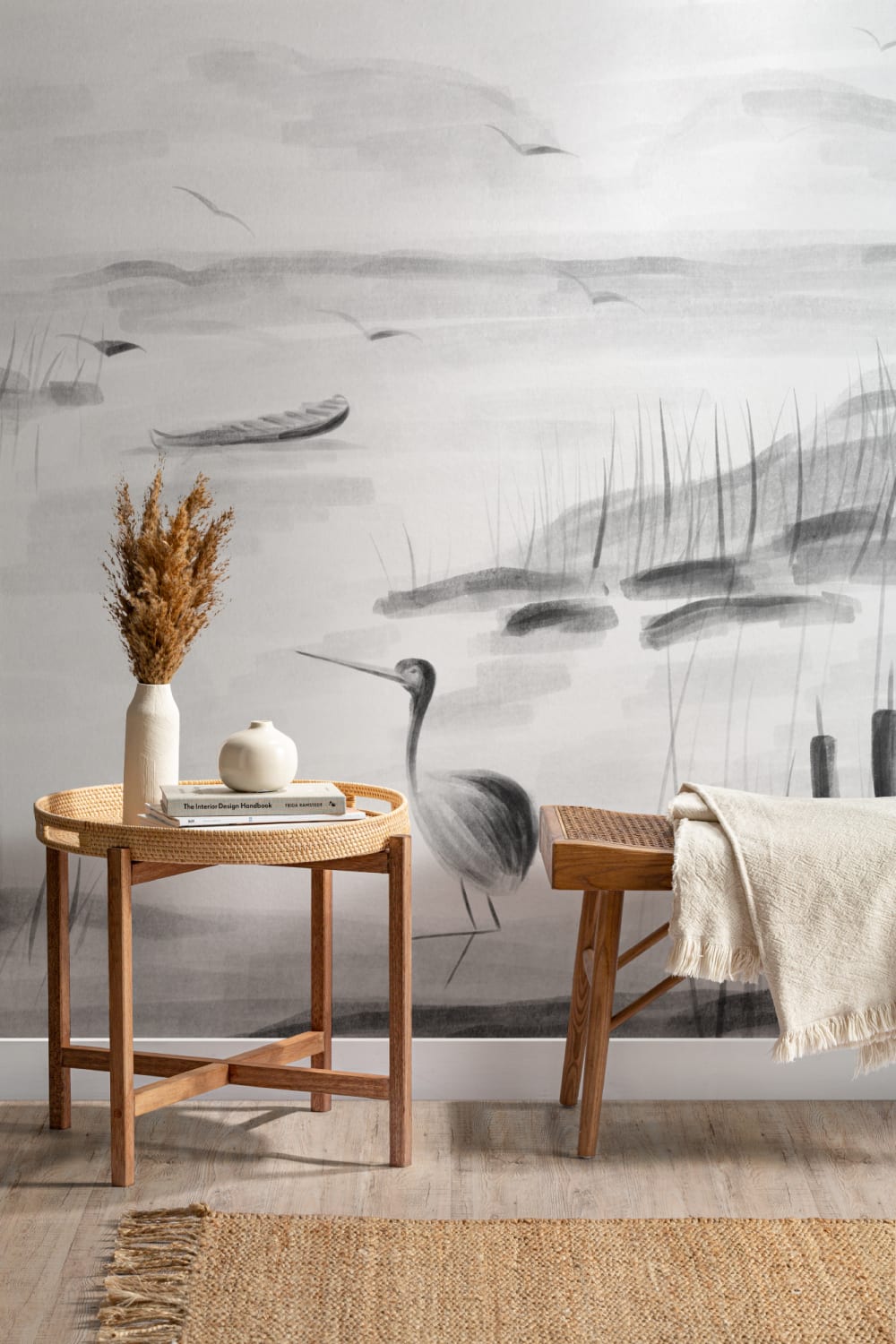 Traditionele Chinese zwart-wit inkt Lake muurschildering