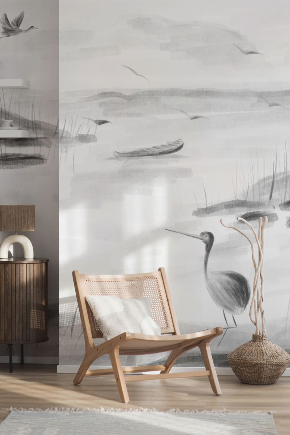 Traditionele Chinese zwart-wit inkt Lake muurschildering