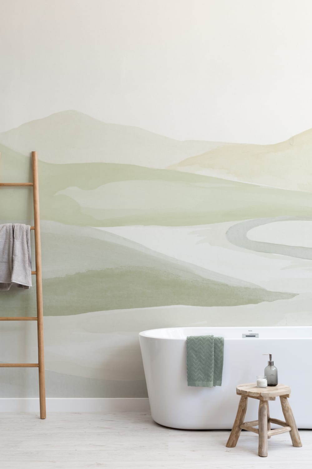 Green Watercolor Valley Landscape Mural