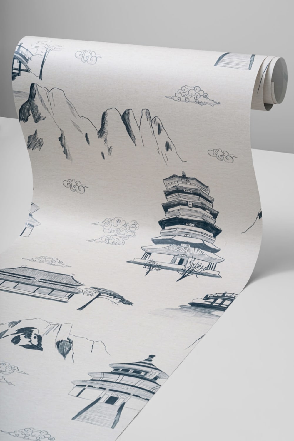 Carta da Parati Cinese con Motivo di Simboli Illustrati in Blu