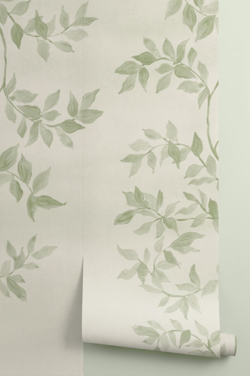 Mural de papel pintado con motivos botánicos de hojas de color verde suave
