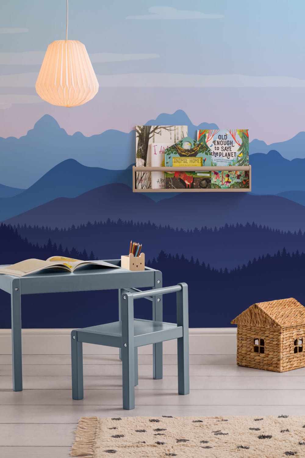 Blå Illustrerat landskap Berg Bakgrund Mural