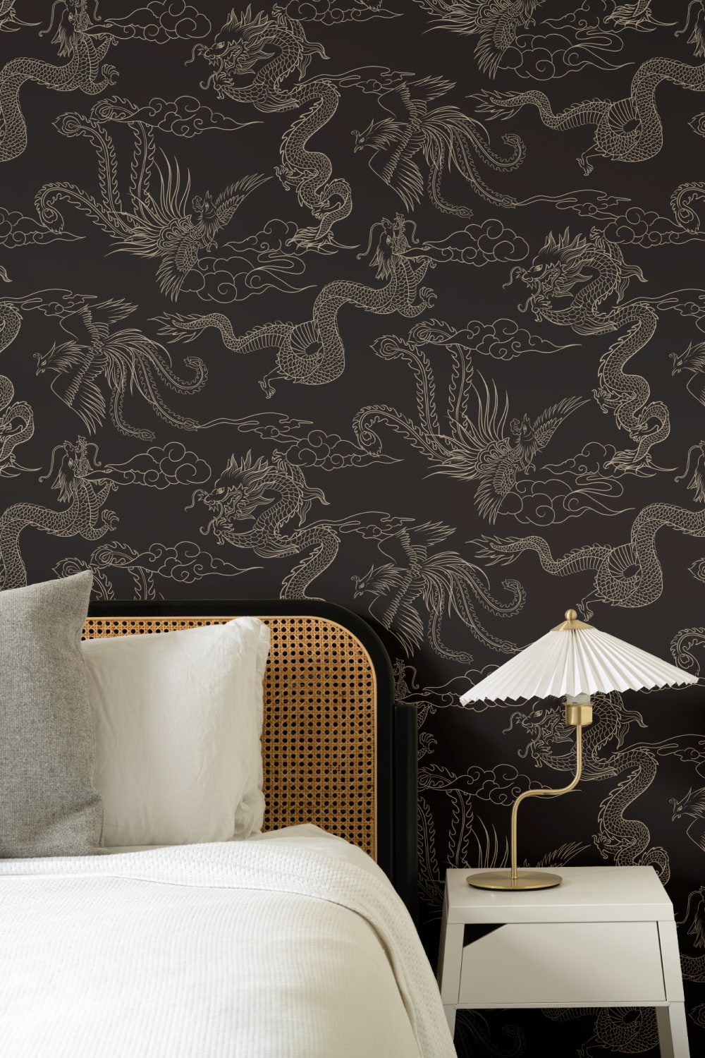 Dark Chinese Dragon and Phoenix Outline Wallpaper