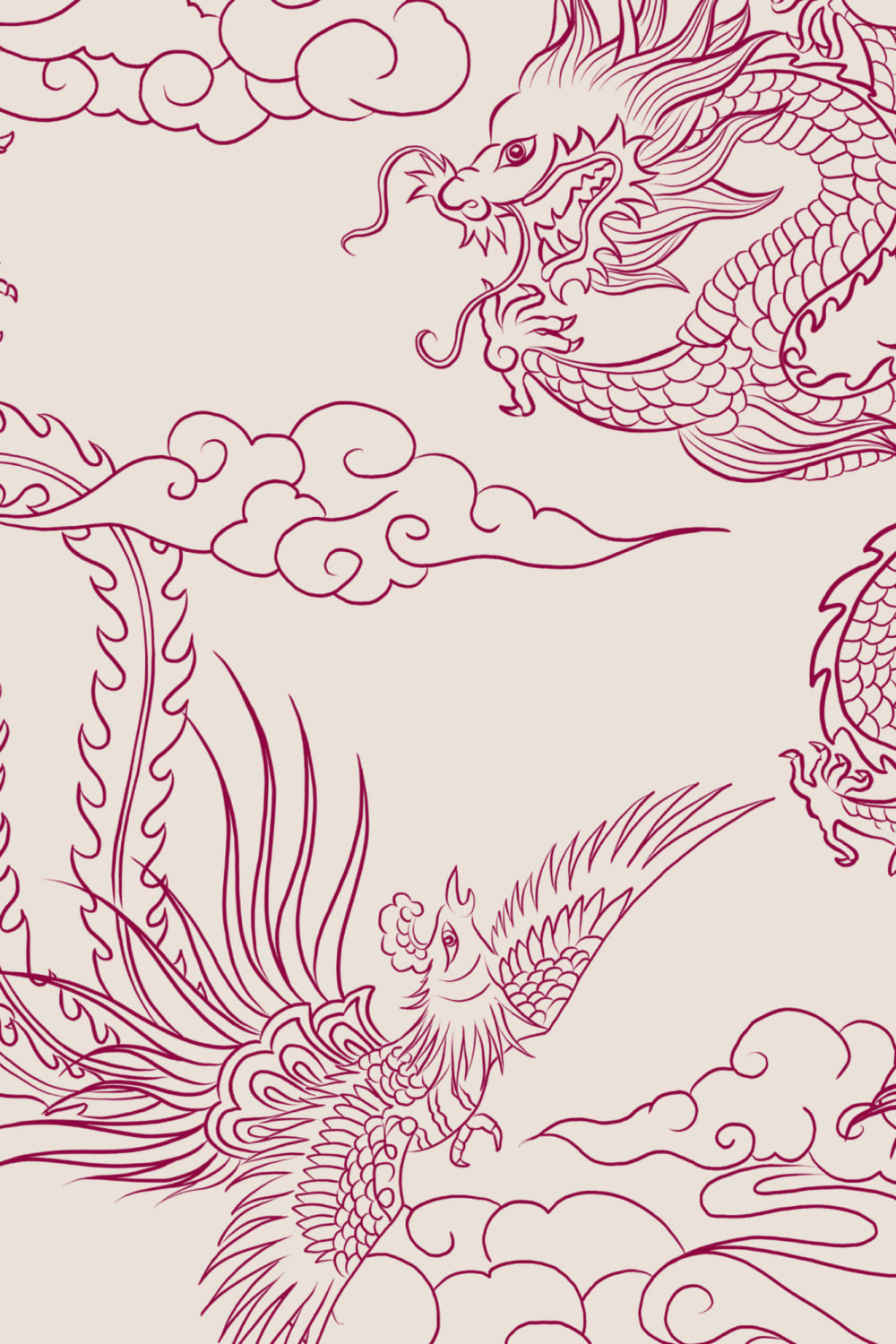 Raspberry Chinese Dragon and Phoenix Outline Wallpaper