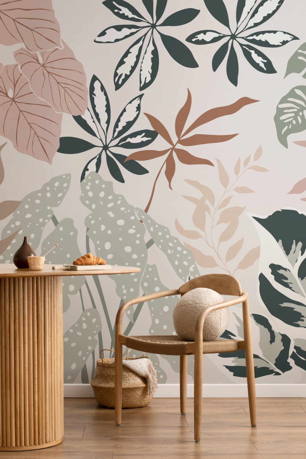 Neutral and Green Modern Botanical Plants Wallpaper Mural