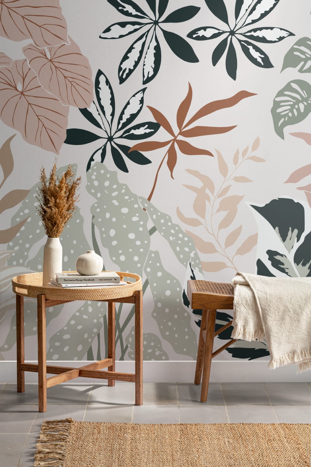 Neutral and Green Modern Botanical Plants Wallpaper Mural
