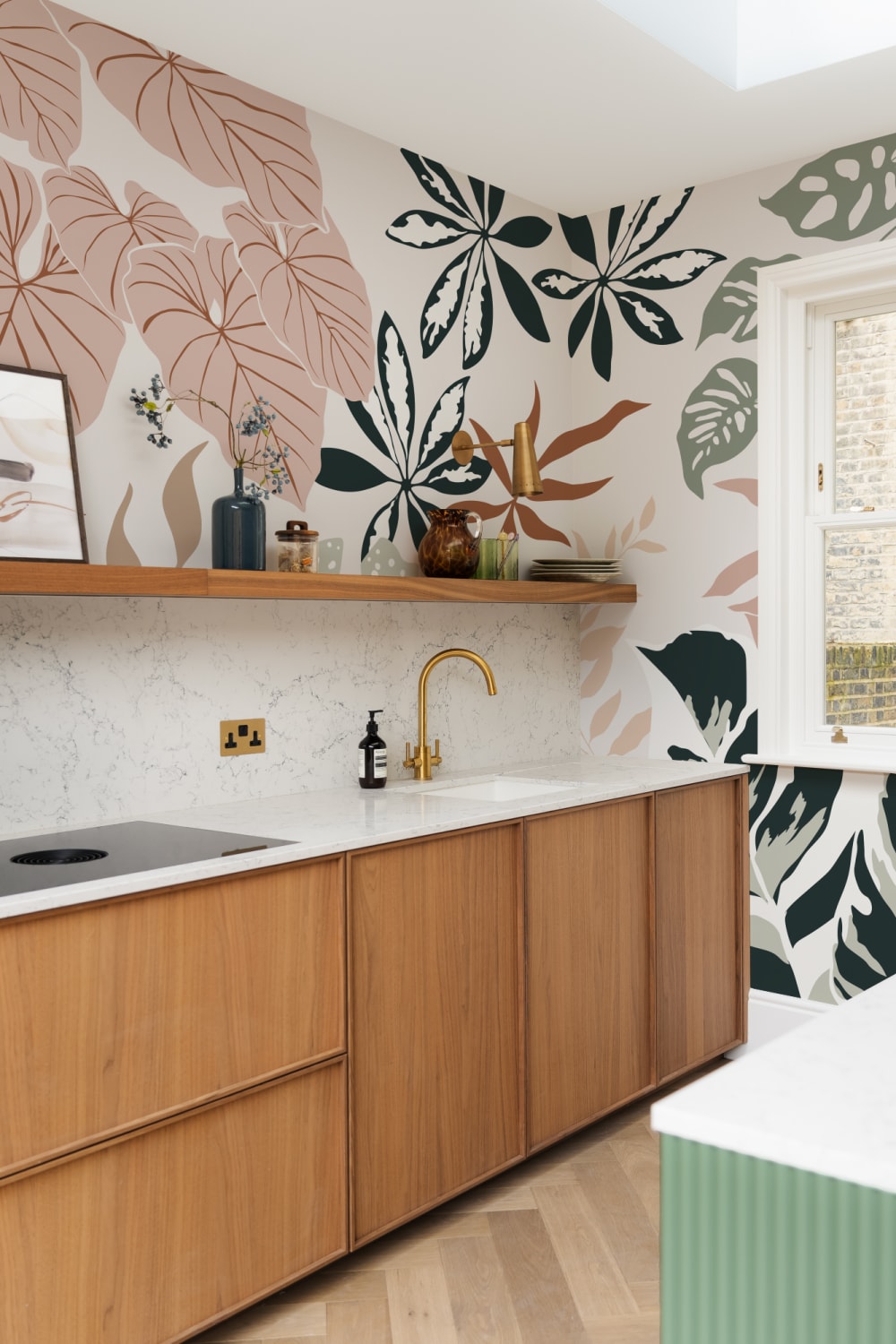Neutral and Green Modern Botanical Plants Wallpaper Mural