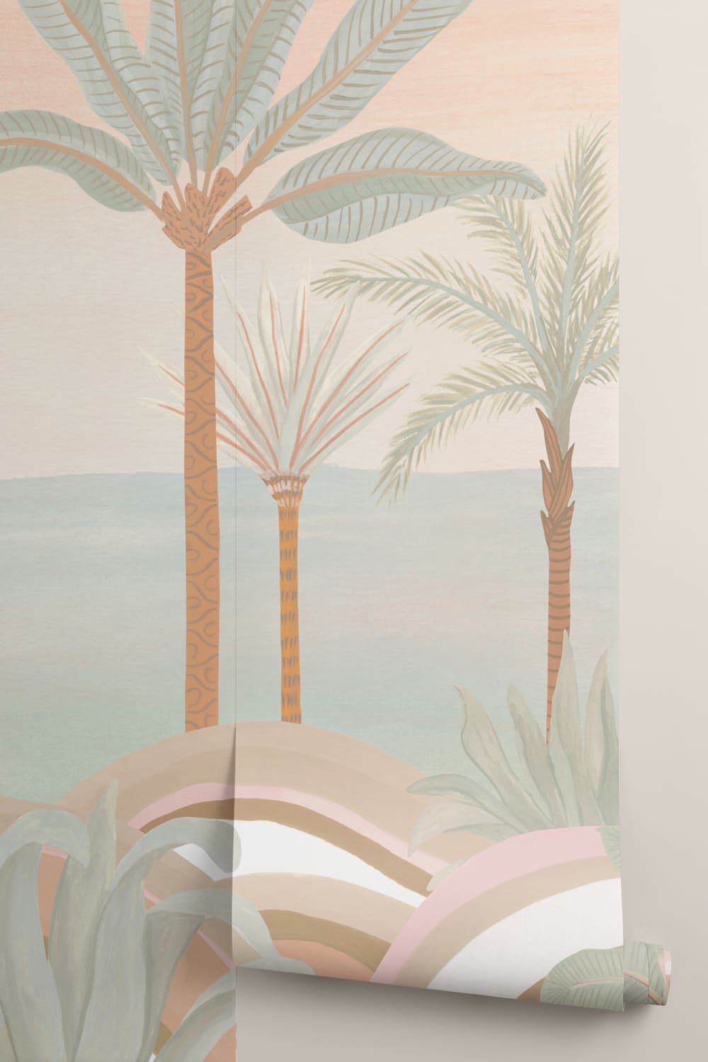 Mural de paisagem tropical em pastel
