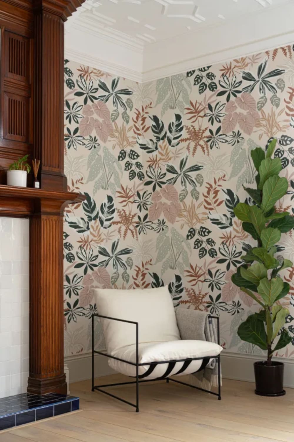 Neutral and Green Modern Botanical Plants Repeat Pattern Wallpaper