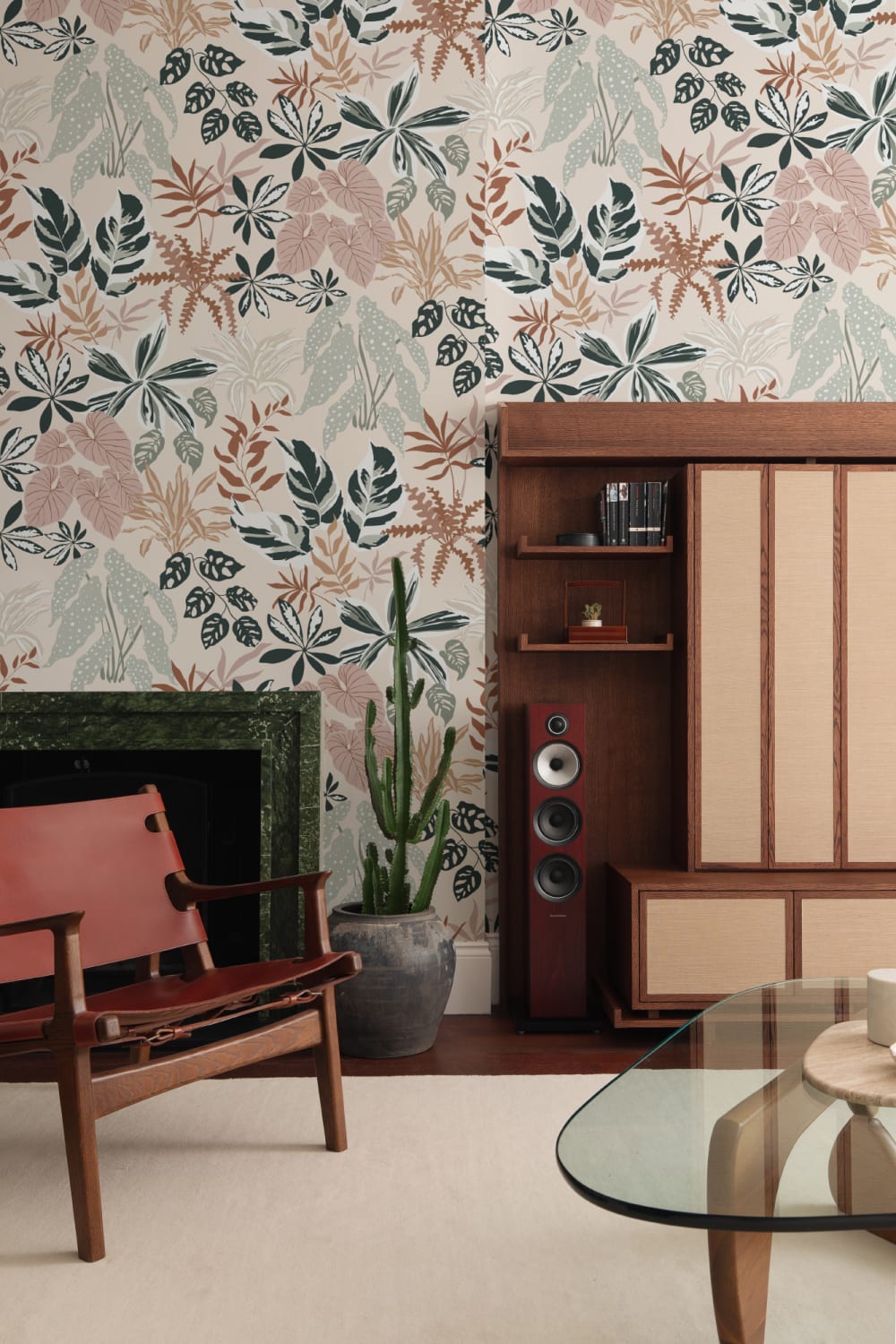 Neutral and Green Modern Botanical Plants Repeat Pattern Wallpaper