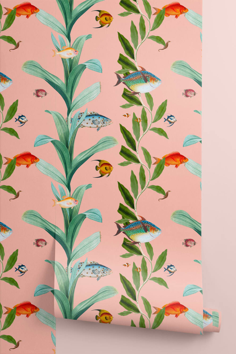 Pink Fish & Seaweed Coastal Wallpaper