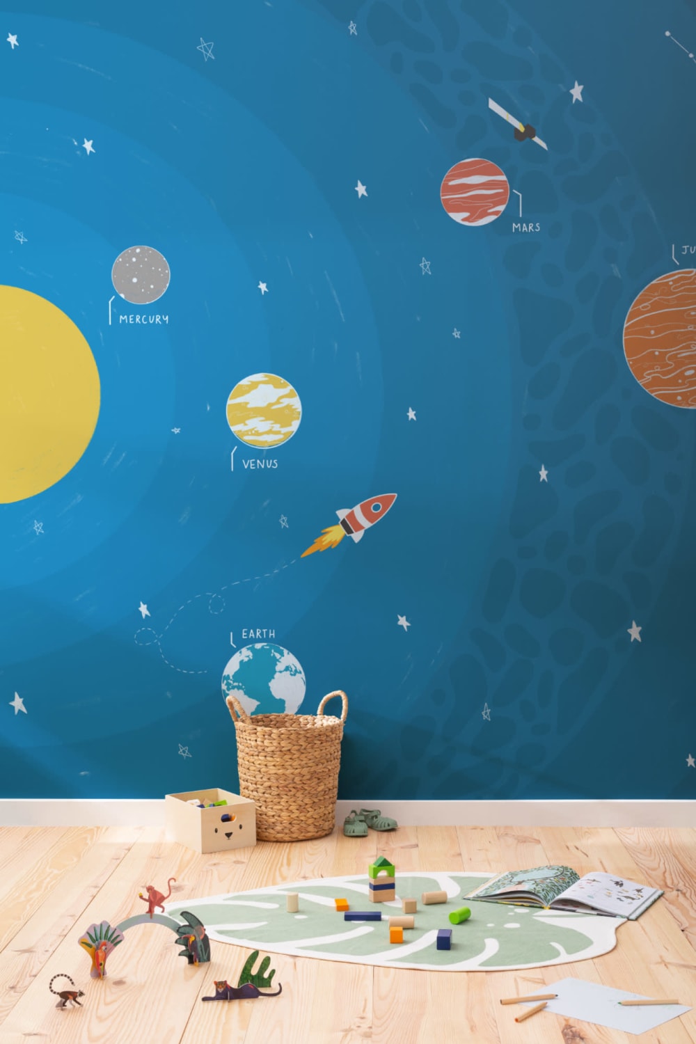 Albastru educaționale planete spațiale & Rocket Wallpaper Mural