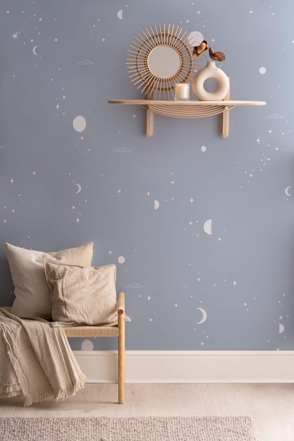 Papier peint panoramique lune et étoiles bleu et blanc