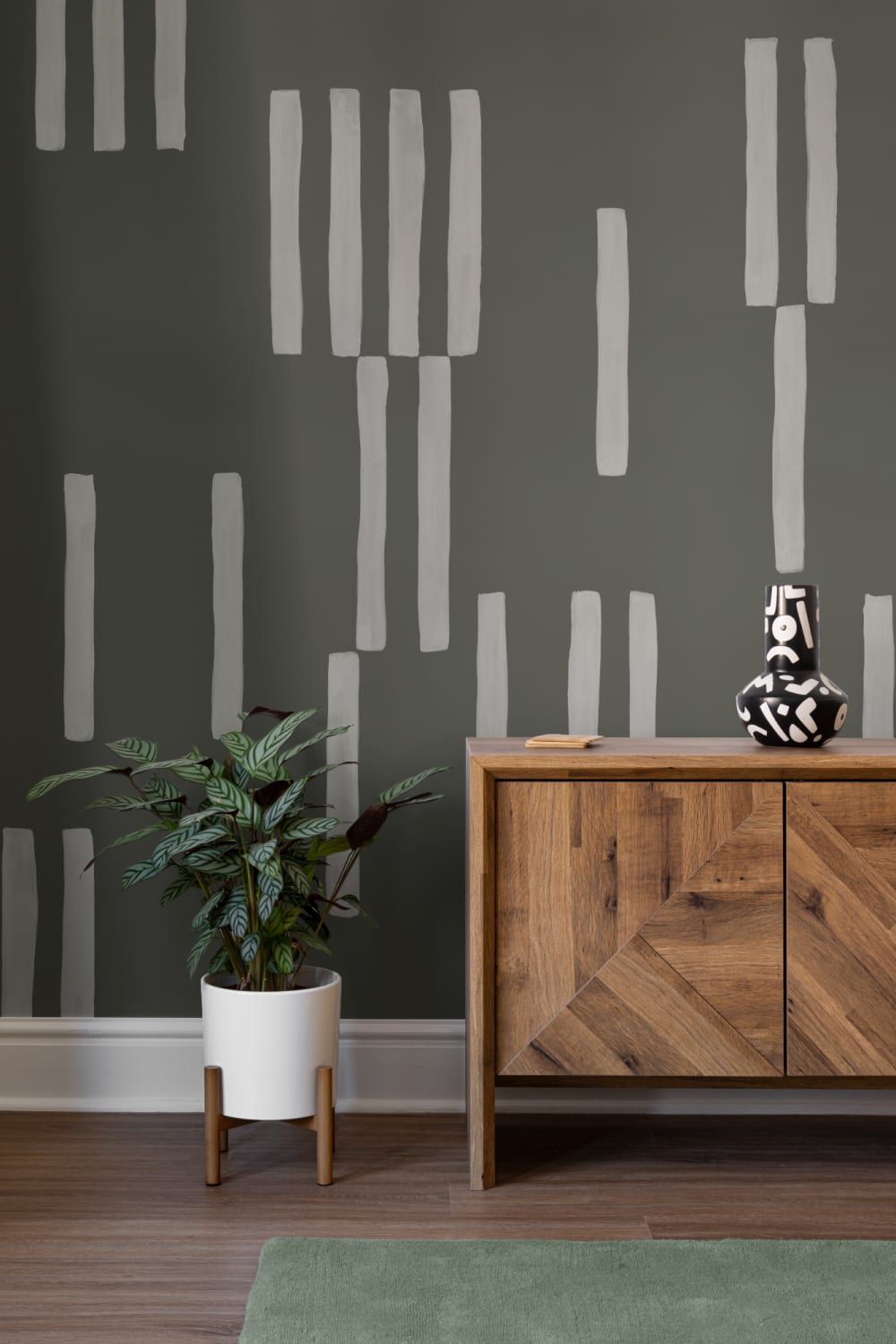 Hand Painted Line Geometric Mural in Moss Green