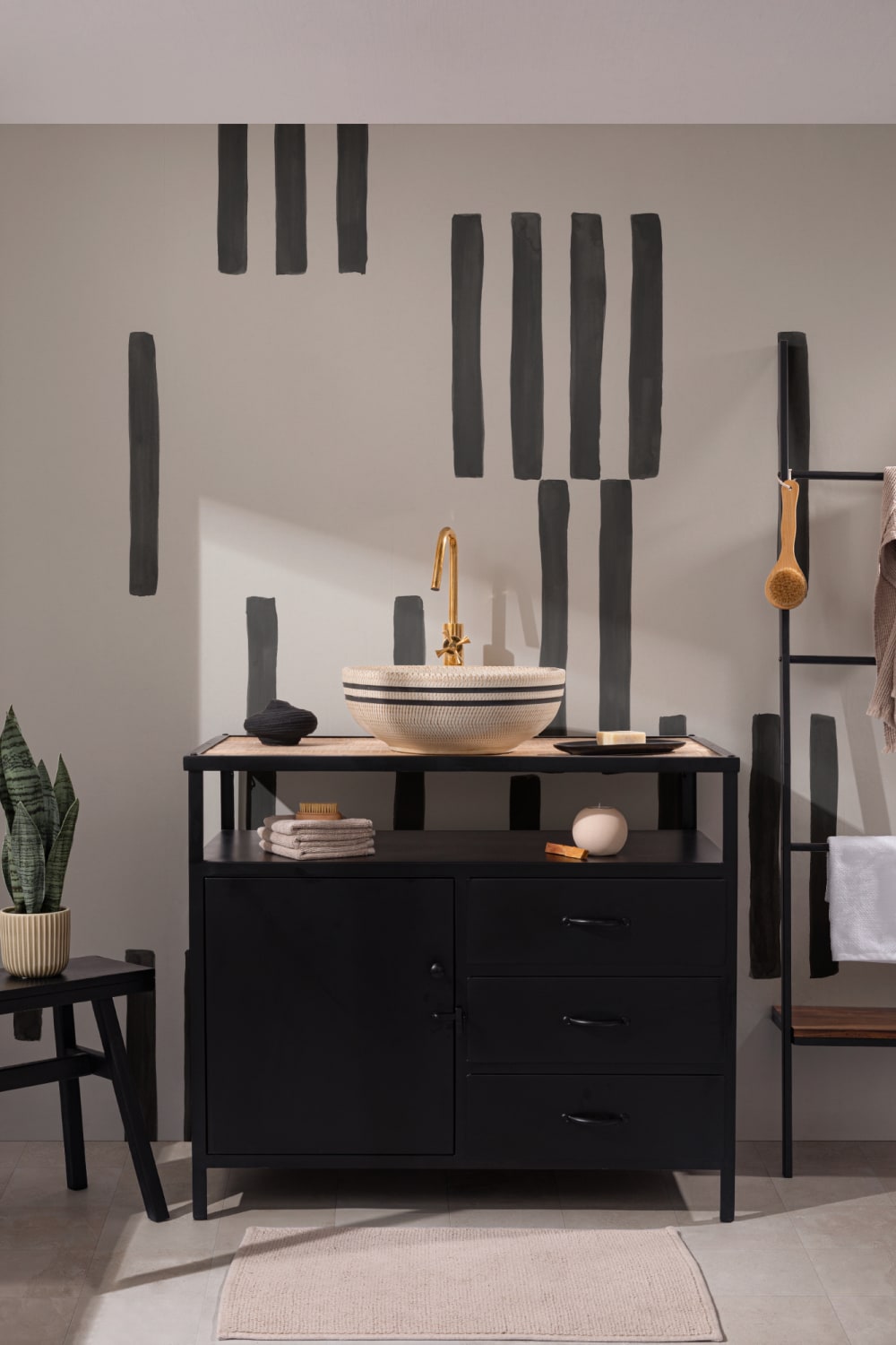Hand Painted Line Geometric Mural in Black and White