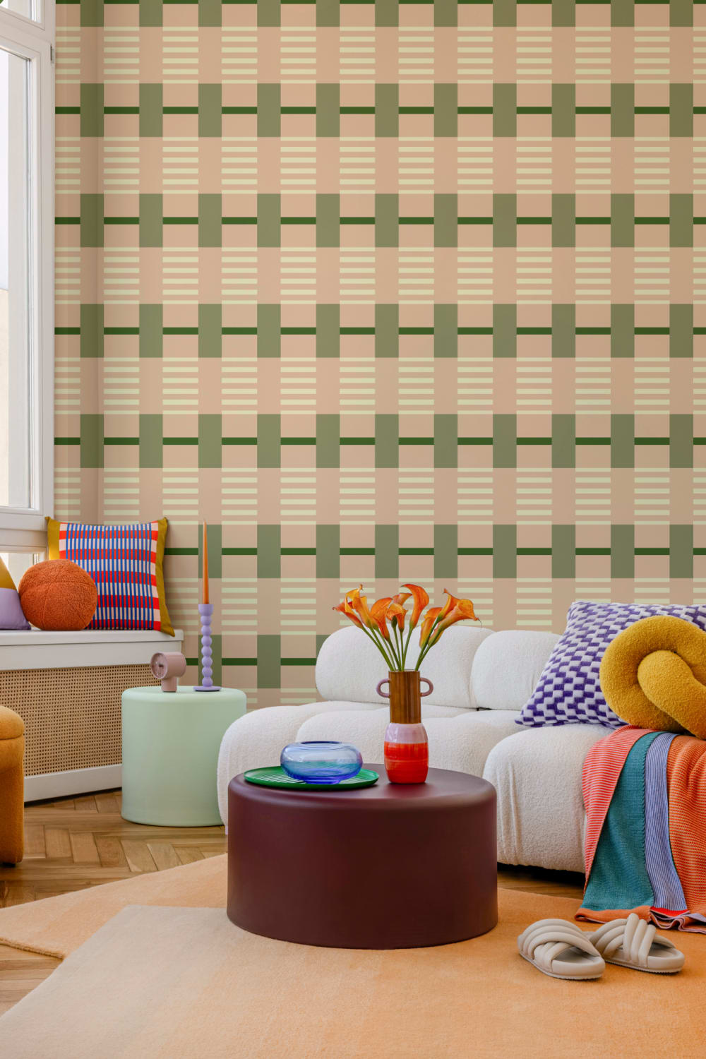 Pink And Green Checkered Pattern Contemporary Mural
