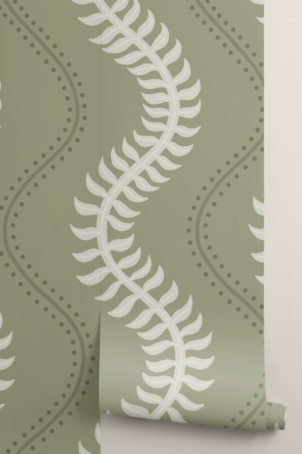 Green Fern Pattern Wall Mural With Wavy Design