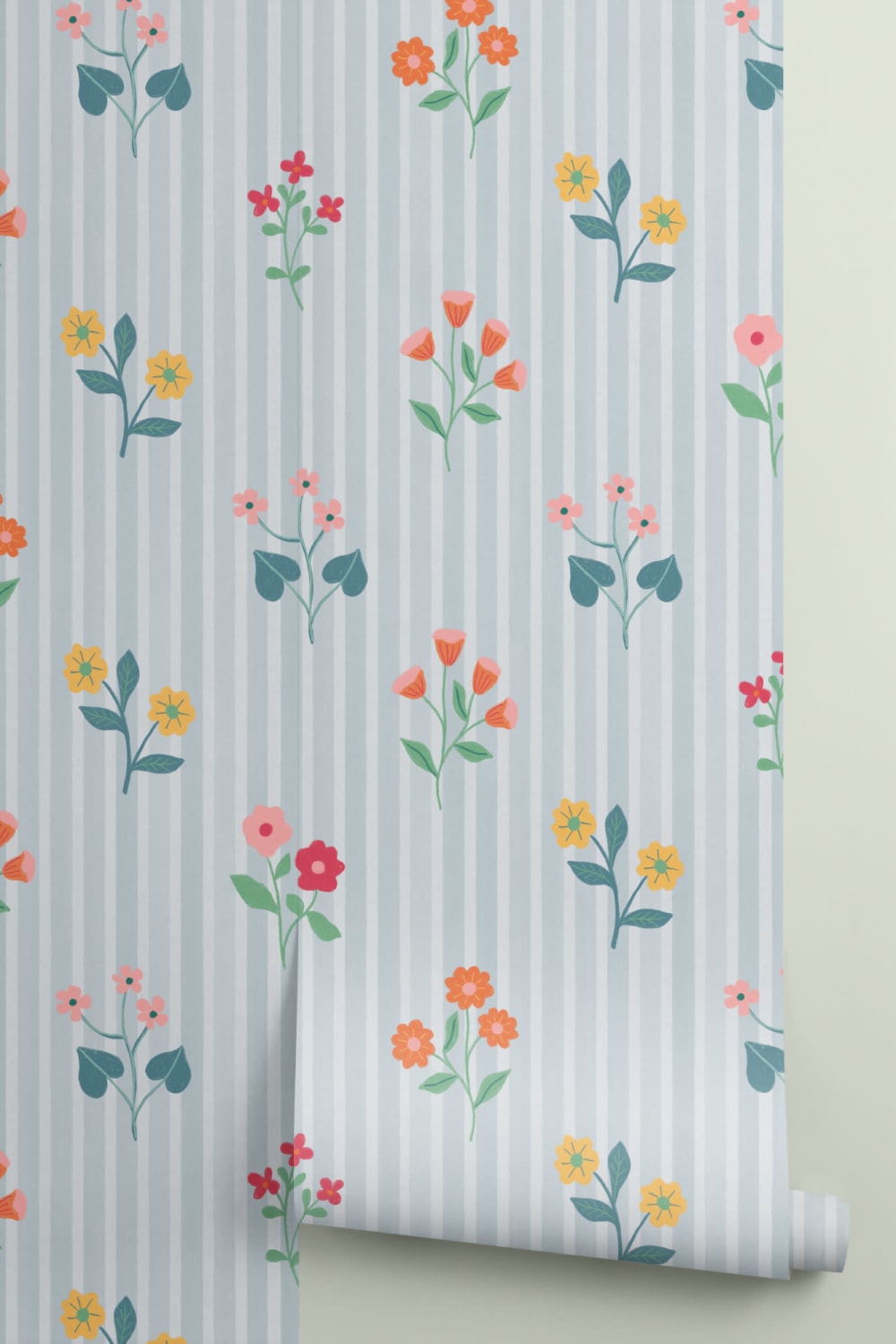 Pastellblommor Buntar Blå randig tapet