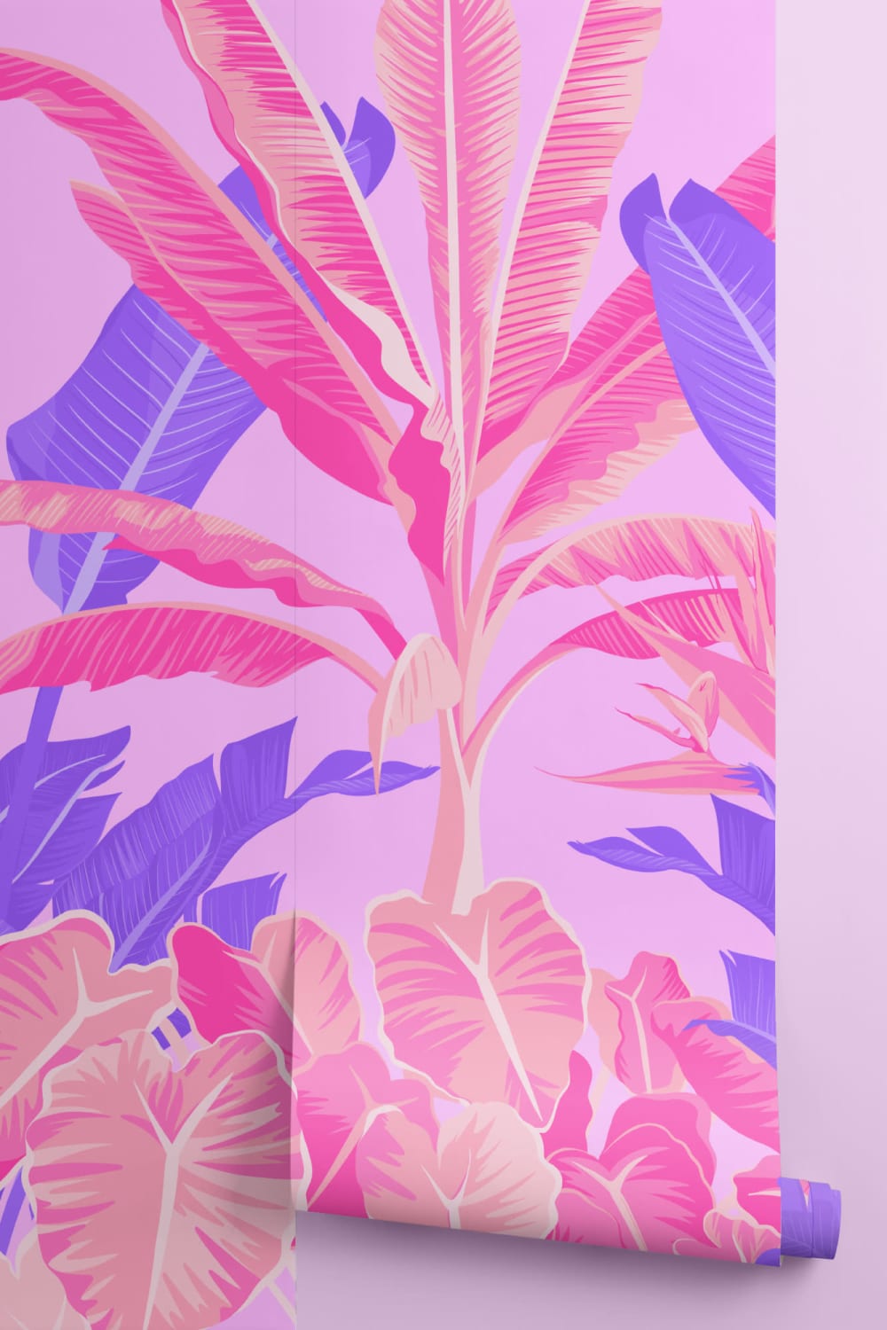 Mural Papel Pintado con Selva Tropical en Rosa y Morado Efecto Neón