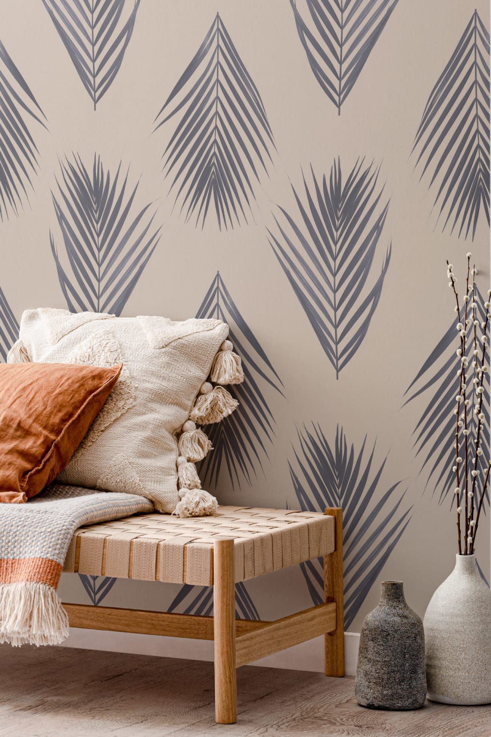 Sininen ja kerma Palm Leaf Tapetti