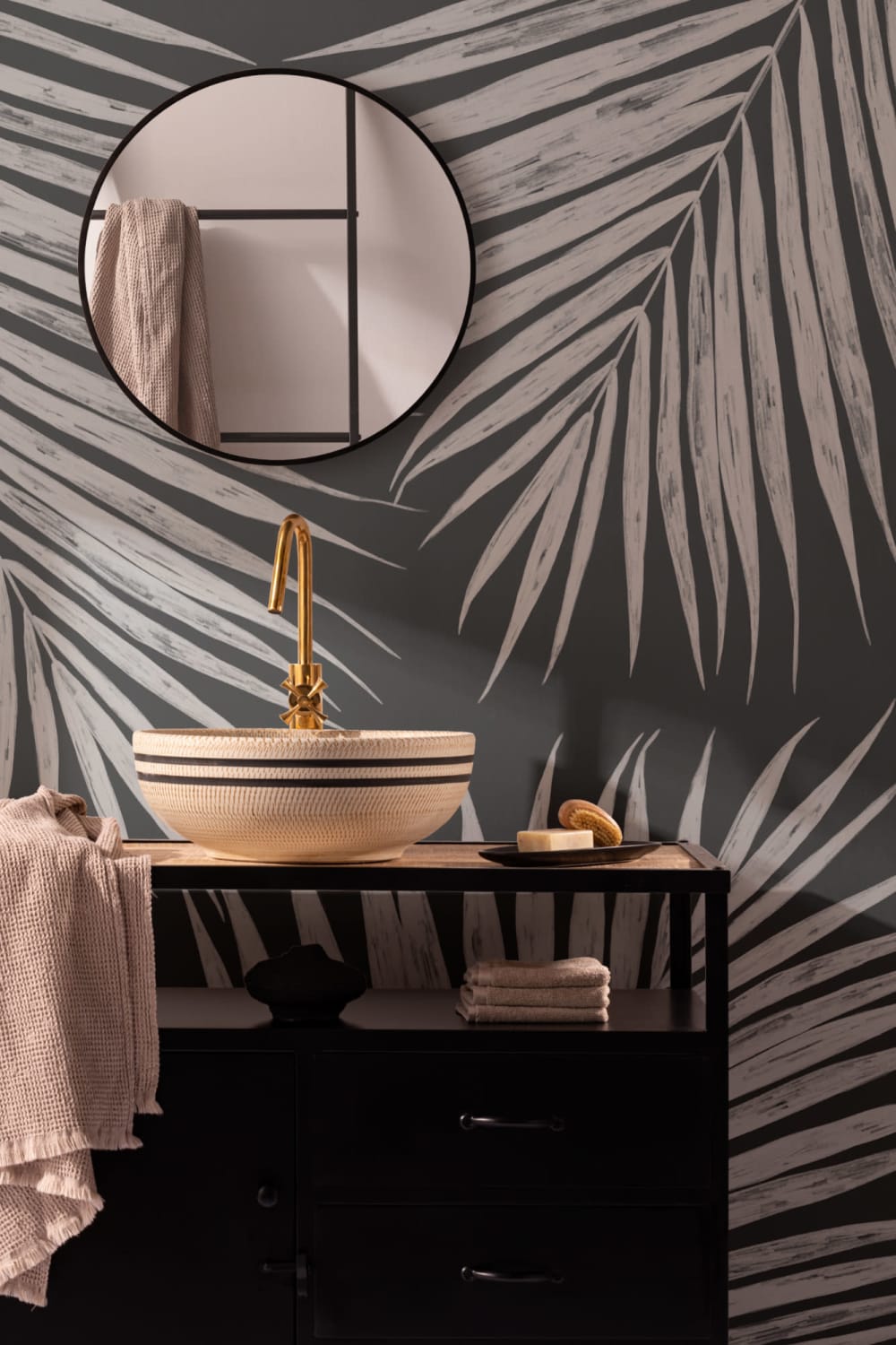 Black and White Illustrated Tropical Palm Leaf Wallpaper Mural
