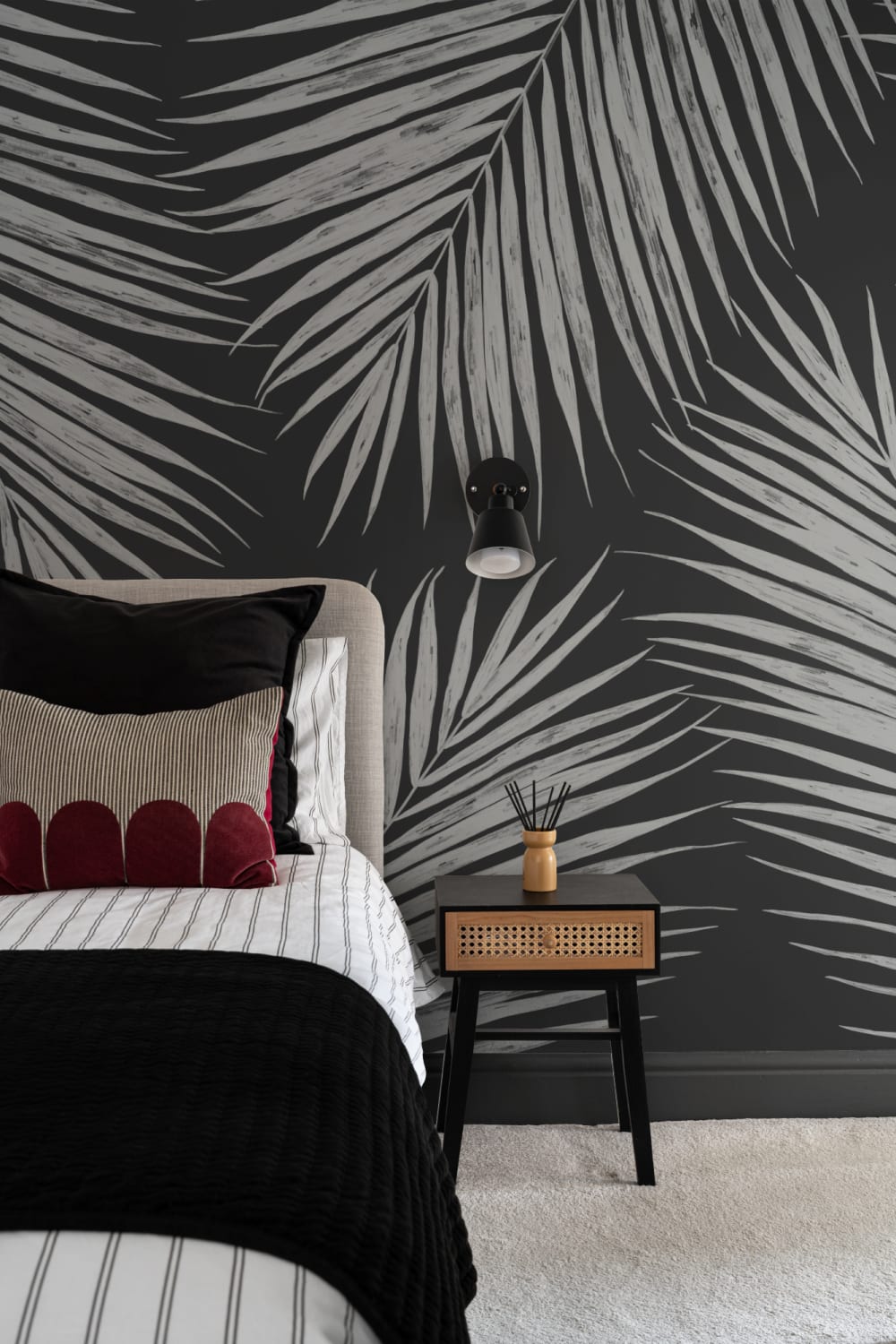 Black and White Illustrated Tropical Palm Leaf Wallpaper Mural